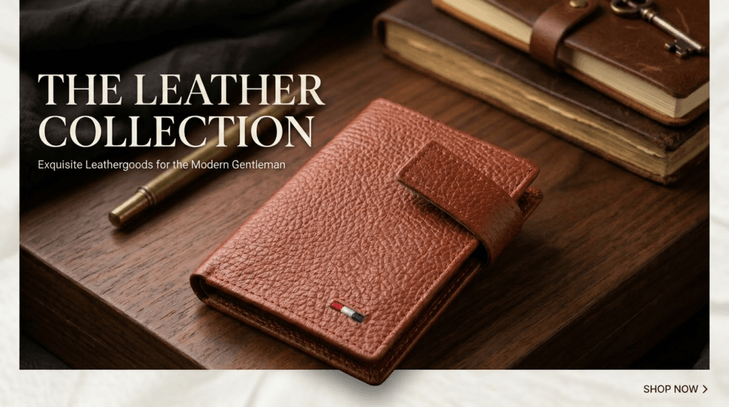 Luxury leather collection promotion Autumn 2024 Man in suit holding leather wallet and woman in satin dress sitting next to leather-bound books