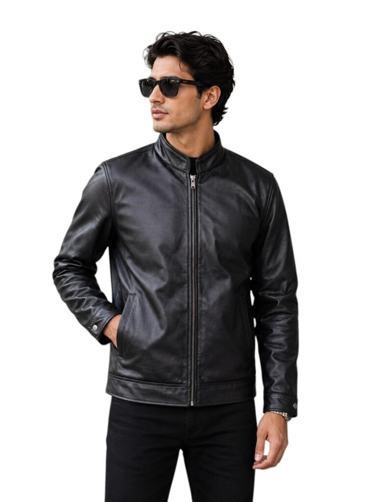Men’s Genuine Sheep Leather Jacket – Classic Stand Collar