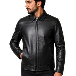 Classic Shirt Collar Leather Jacket Black