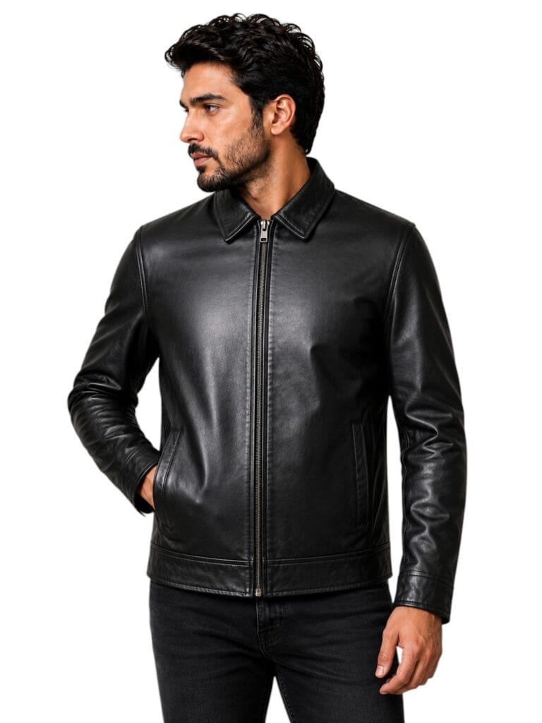 Classic Shirt Collar Leather Jacket Black
