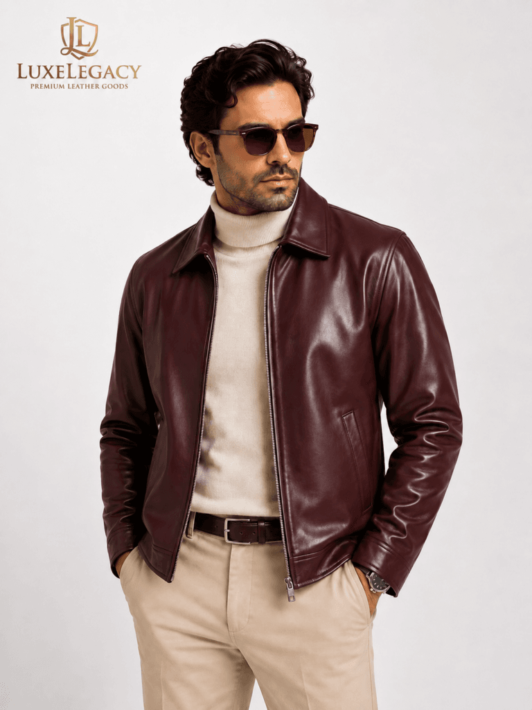 Men’s Burgundy Lambskin Leather Jacket – Classic Shirt Collar