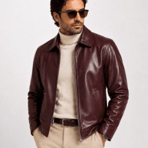 Men’s Burgundy Lambskin Leather Jacket – Classic Shirt Collar