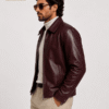 Men’s Burgundy Lambskin Leather Jacket with Classic Shirt Collar