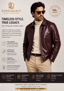 Men’s Burgundy Lambskin Leather Jacket with Classic Shirt Collar