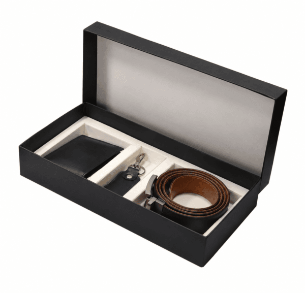 Personalized genuine cow leather gift set with customized wallet belt and keychain
