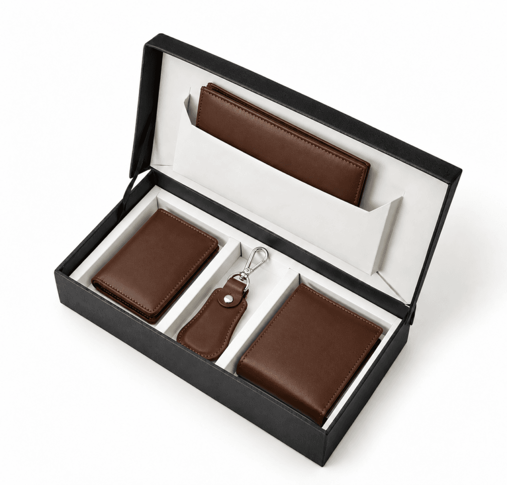 4-piece black cowhide leather gift set with wallet, card holder & keychain in gift box
