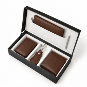 4-piece black cowhide leather gift set with wallet, card holder & keychain in gift box