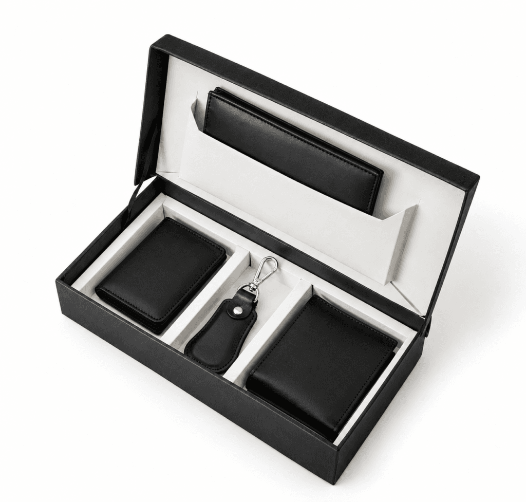 4-piece black cowhide leather gift set with wallet, card holder & keychain in gift box