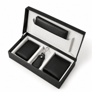 4-piece black cowhide leather gift set with wallet, card holder & keychain in gift box