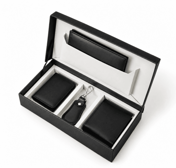 4-piece black cowhide leather gift set with wallet, card holder & keychain in gift box