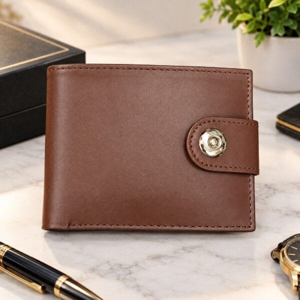 Genuine cow leather men’s wallet in black and brown with snap closure