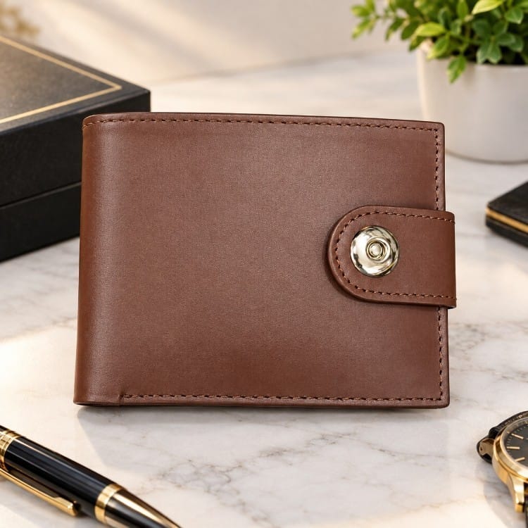Genuine cow leather men’s wallet in black and brown with snap closure