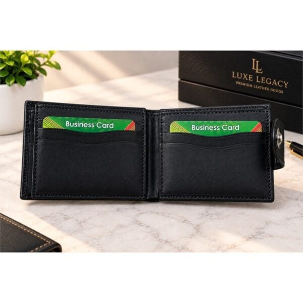 Genuine cow leather men’s wallet in black and brown with snap closure