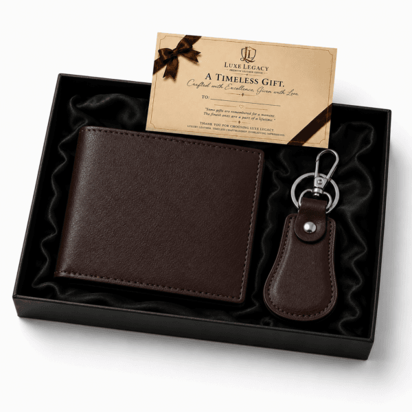 Personalized leather wallet gift set with custom name keychain and premium gift box