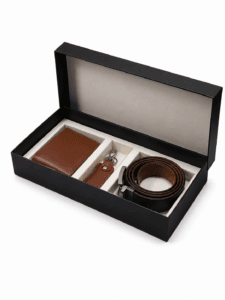 Personalized genuine cow leather gift set with customized wallet belt and keychain