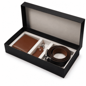 Personalized genuine cow leather gift set with customized wallet belt and keychain