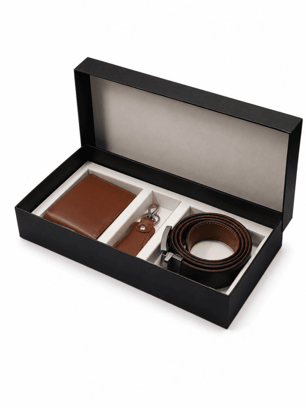 Personalized genuine cow leather gift set with customized wallet belt and keychain