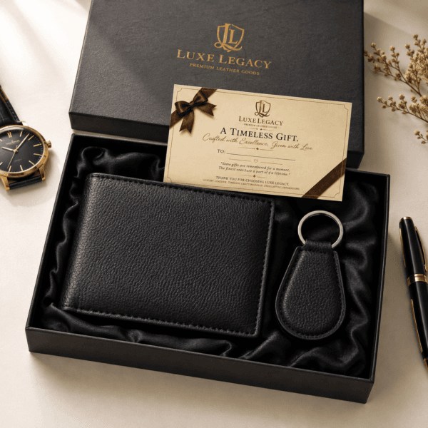Premium Genuine Cow Leather Wallet and Keychain Gift Set for Men0