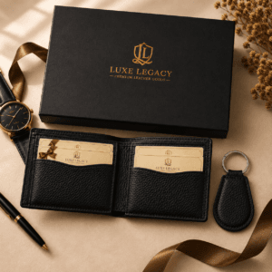 Black genuine cow leather bifold wallet with matching leather keychain premium gift set for men