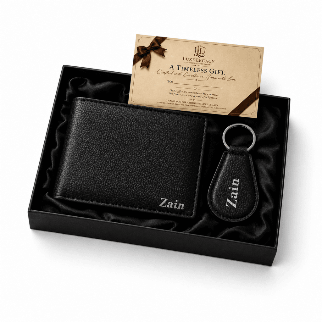 Premium Genuine Cow Leather Wallet and Keychain Gift Set for Men0
