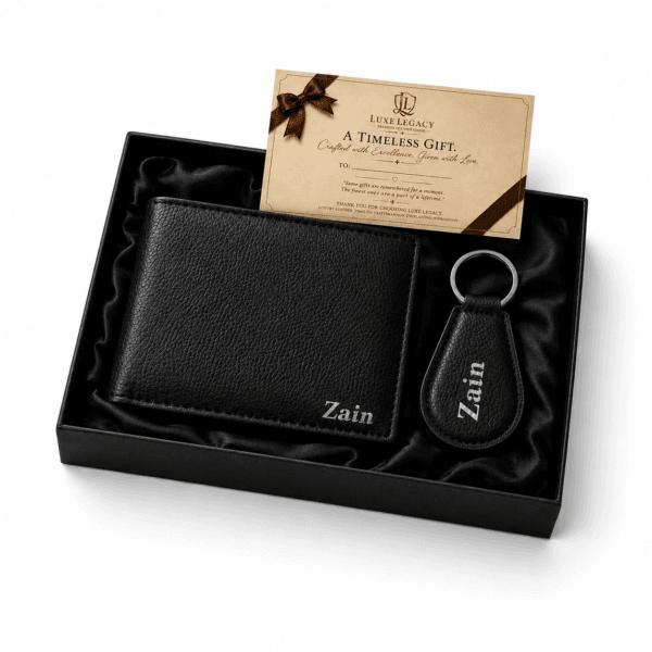 Premium Genuine Cow Leather Wallet and Keychain Gift Set for Men0