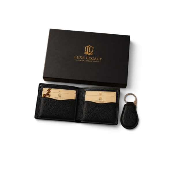 Black genuine cow leather bifold wallet with matching leather keychain premium gift set for men