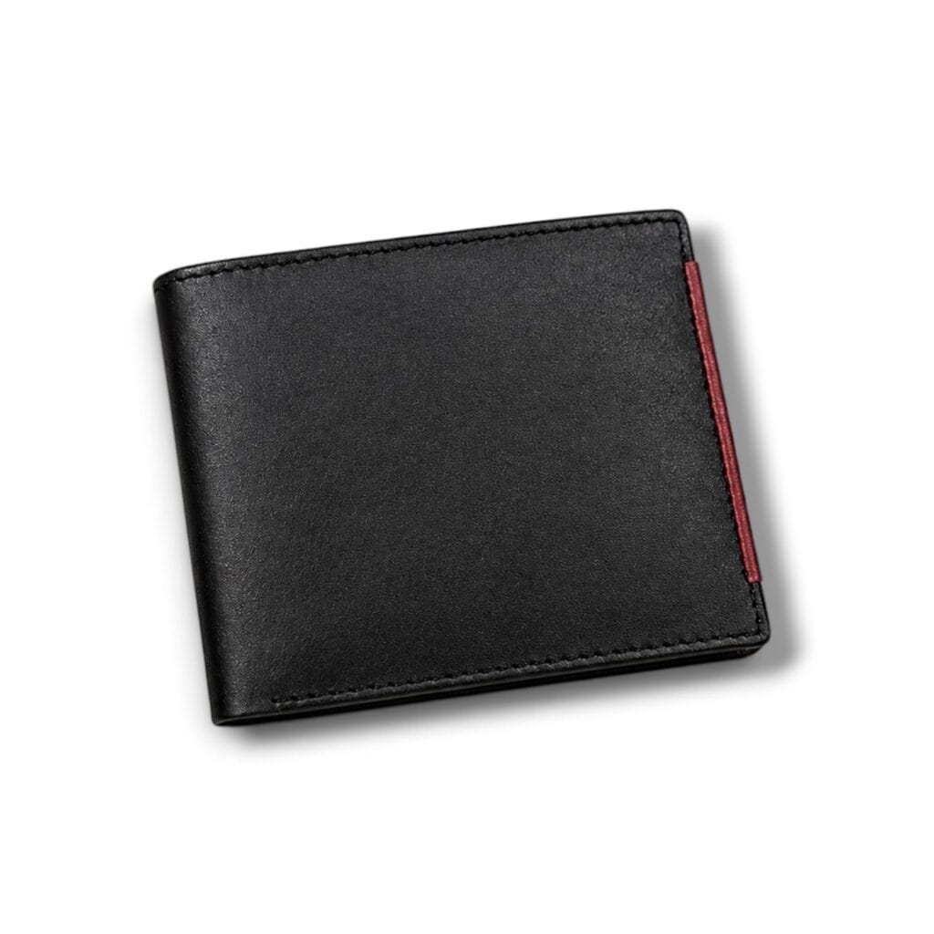 Premium Men's Genuine Leather Bifold Wallet - Black with Red Stripe Accent